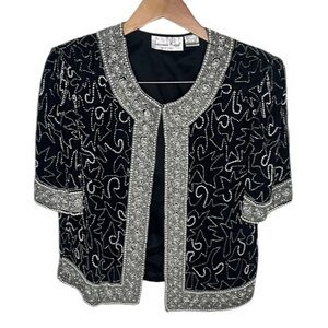Vintage Laurence Kazar Black Silk Hand Beaded Sequin Jacket Women Size L
